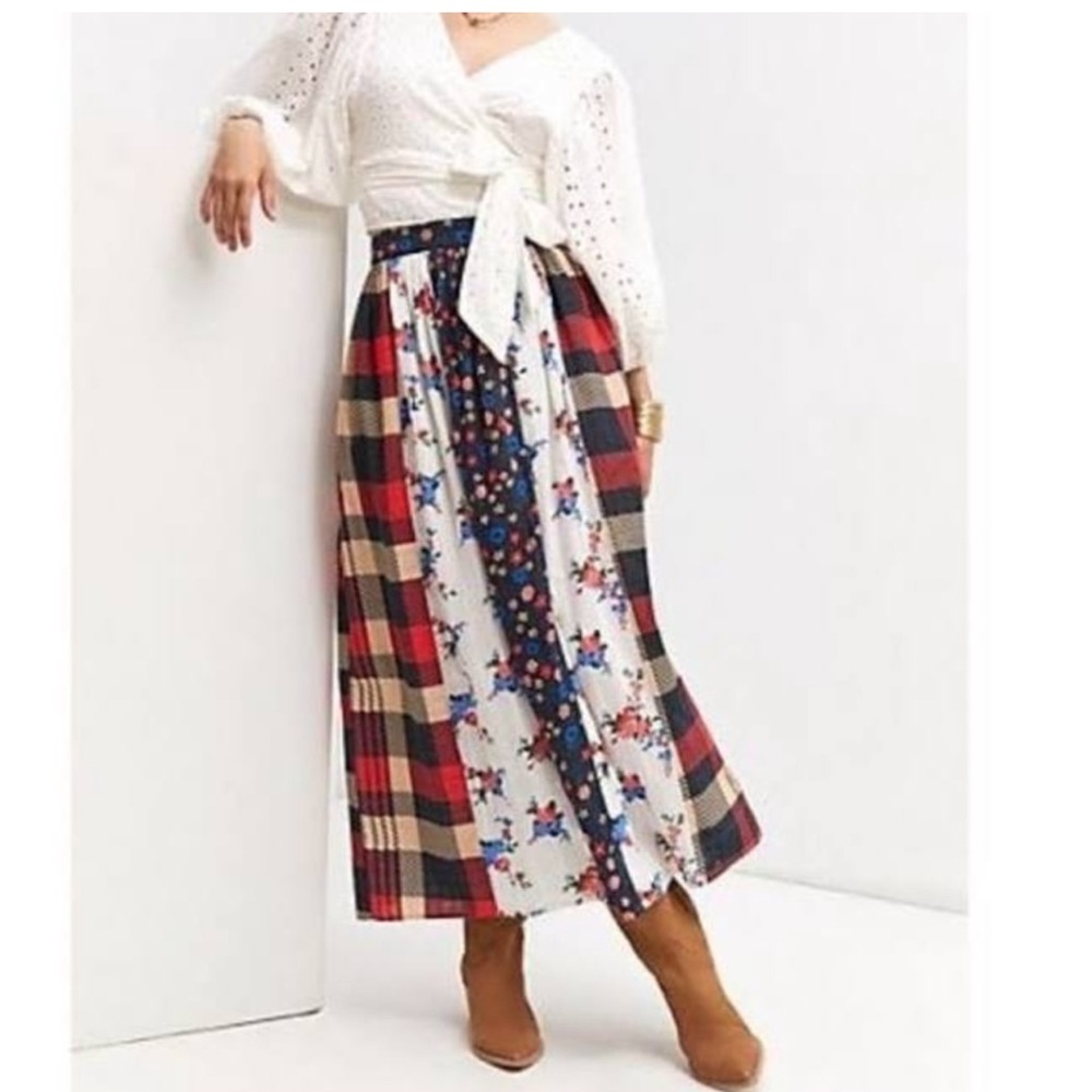 Anthropologie Multicolor Plaid and Floral Maxi Skirt